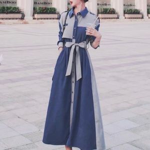 Blue shirt wrap Dress with belt irregular color matching